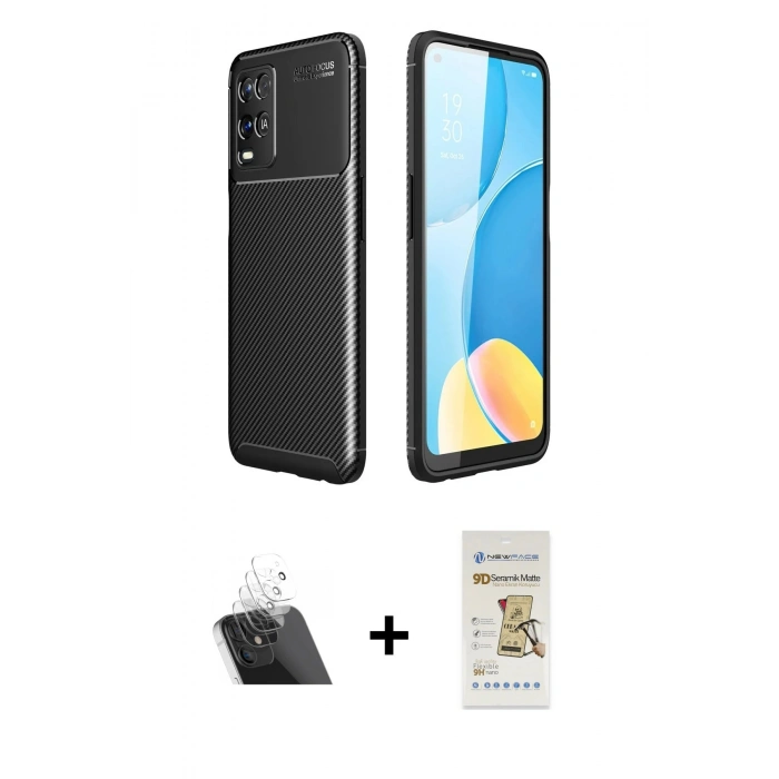 MARSİLYAN™- Oppo A54 4G Kılıf Eksen Form Prime - Siyah Mat Seramik Nano Ekran Koruyucu + Kamera Lens Koruma Cam - SF