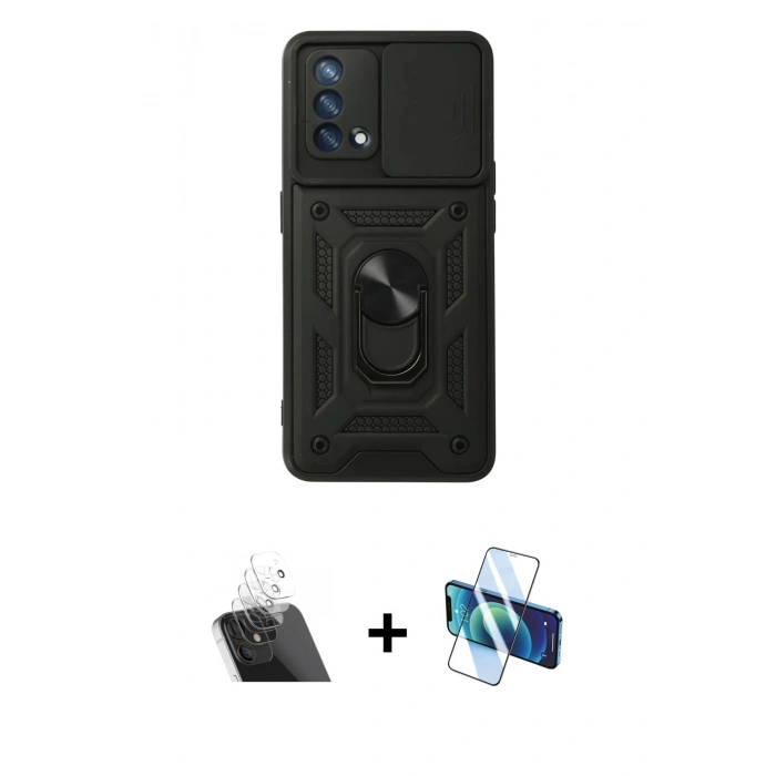 MARSİLYAN™- Oppo A74 4G Kılıf Ahenk Klasik - Siyah 3D Antistatik Seramik Nano Ekran Koruyucu + Kamera Lens Koruma Cam - SF