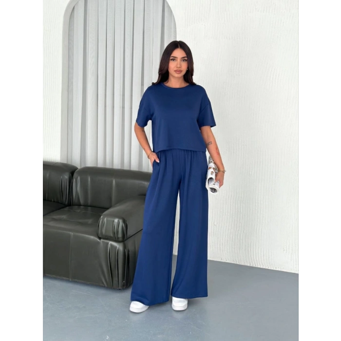 MARSiLYAN- Osy Modal Yumuşak Dokulu Kumaş Bisiklet Yaka T-shirt Bol Paça Pantalon Ikili Takım -Saks Mavi