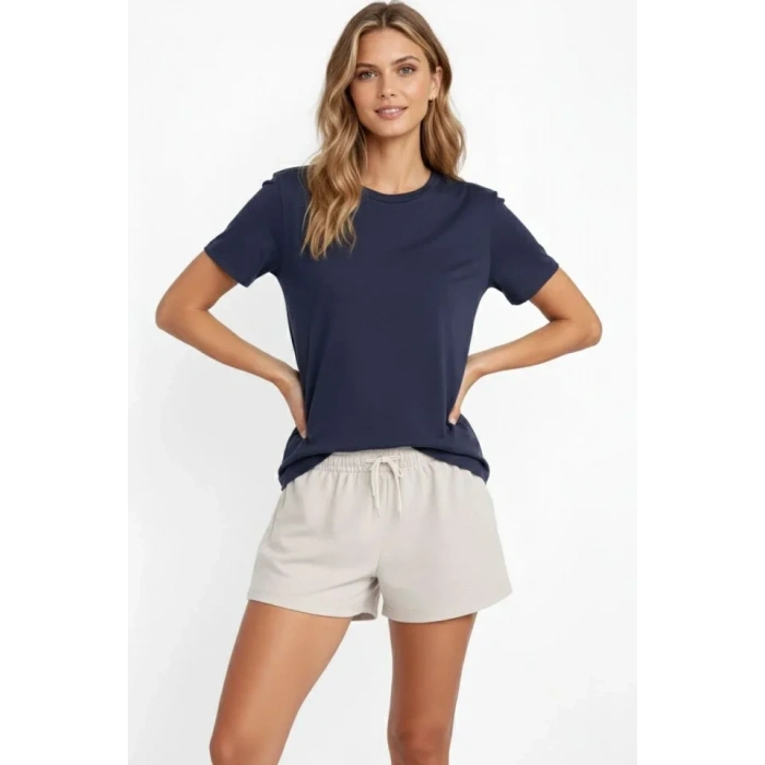 MARSiLYAN- Osy Modal Yumuşak Dokulu Kumaş Bisiklet Yaka T-shirt - İndigo