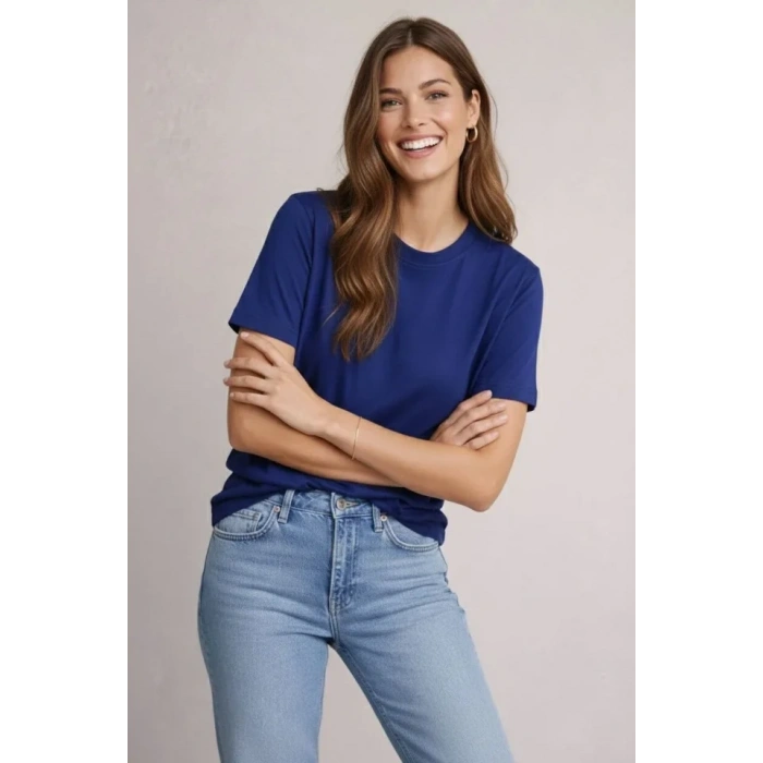 MARSiLYAN- Osy Modal Yumuşak Dokulu Kumaş Bisiklet Yaka T-shirt - Lacivert