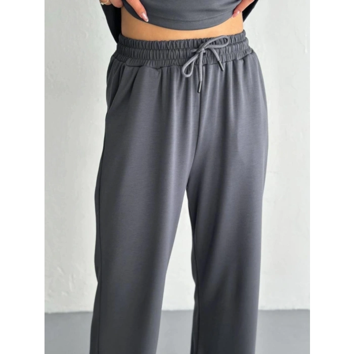 MARSiLYAN- Osy Modal Yumuşak Dokulu Kumaş Kısa Kollu Yakalı T-shirt Pantalon Ikili Takım- Antrasit