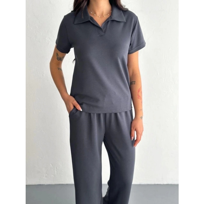 MARSiLYAN- Osy Modal Yumuşak Dokulu Kumaş Kısa Kollu Yakalı T-shirt Pantalon Ikili Takım- Antrasit