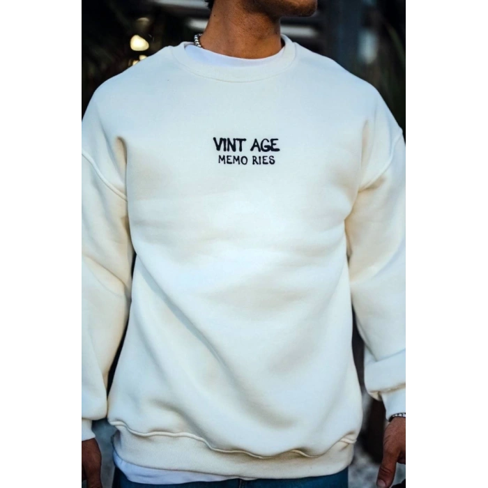 MARSiLYAN- Oversize Bisiklet Yaka Üç İplik Baskılı SweatShirt - Beyaz