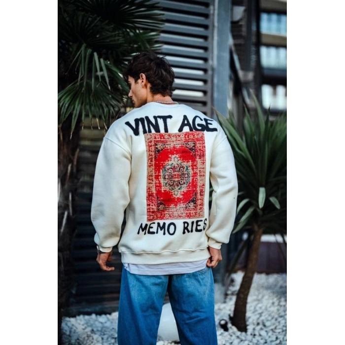 MARSiLYAN- Oversize Bisiklet Yaka Üç İplik Baskılı SweatShirt - Beyaz