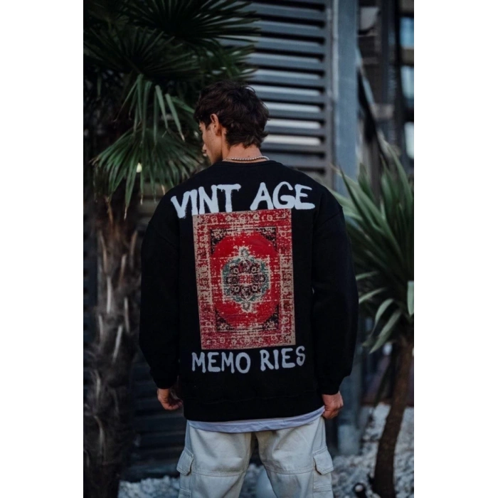 MARSiLYAN- Oversize Bisiklet Yaka Üç İplik Baskılı SweatShirt - Siyah