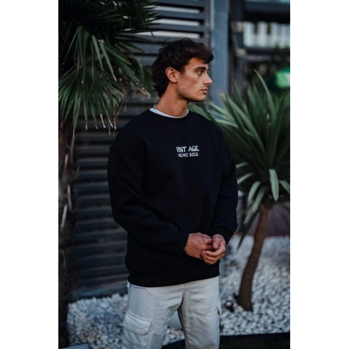 MARSiLYAN- Oversize Bisiklet Yaka Üç İplik Baskılı SweatShirt - Siyah