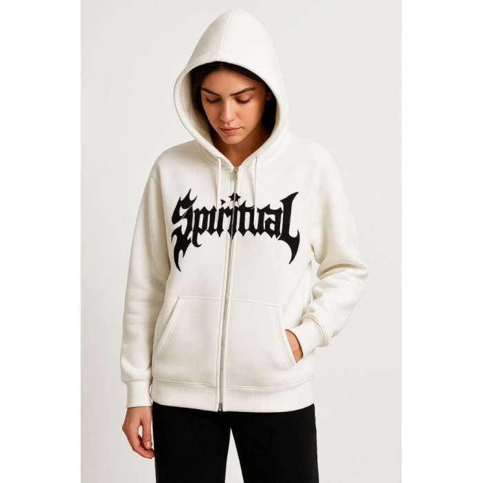 MARSiLYAN- Oversize Kapüşonlu Sweatshirt Hoodie 3 İplik Şardonlu Pamuklu Kumaş, Önü Baskılı, Fermuarlı Rahat Kalıp, Kışlık Ve Sokak Stili Sweat - Beyaz