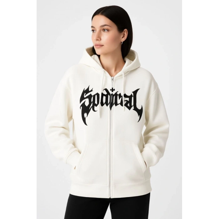 MARSiLYAN- Oversize Kapüşonlu Sweatshirt Hoodie 3 İplik Şardonlu Pamuklu Kumaş, Önü Baskılı, Fermuarlı Rahat Kalıp, Kışlık Ve Sokak Stili Sweat - Beyaz