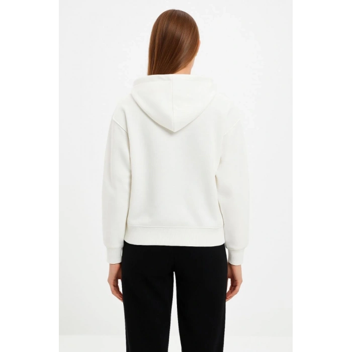 MARSiLYAN- Oversize Kapüşonlu Sweatshirt Hoodie 3 İplik Şardonlu Pamuklu Kumaş, Önü Baskılı, Fermuarlı Rahat Kalıp, Kışlık Ve Sokak Stili Sweat - Beyaz