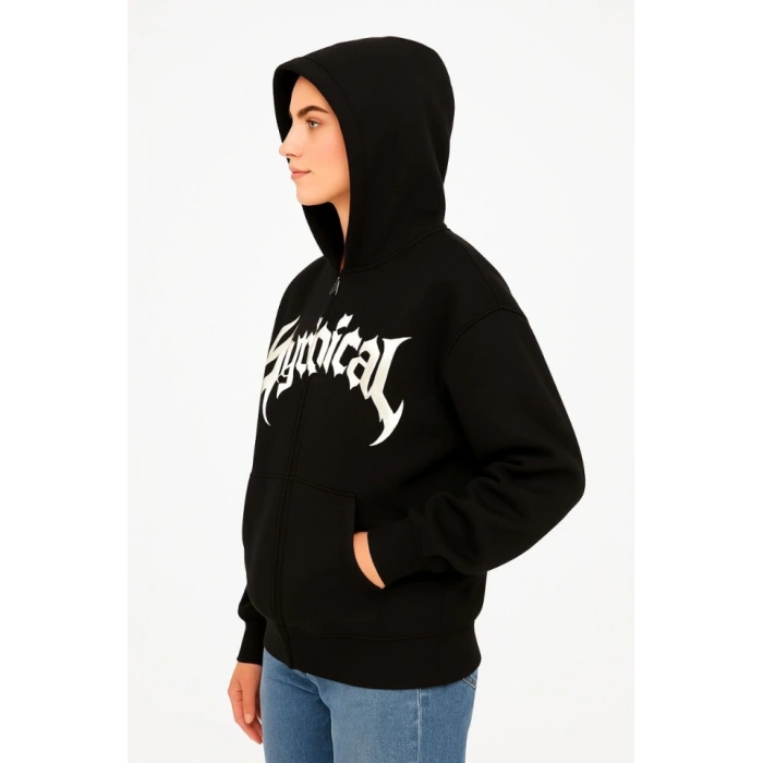 MARSiLYAN- Oversize Kapüşonlu Sweatshirt  Hoodie 3 İplik Şardonlu Pamuklu Kumaş, Önü Baskılı, Fermuarlı Rahat Kalıp, Kışlık Ve Sokak Stili Sweat - Siyah