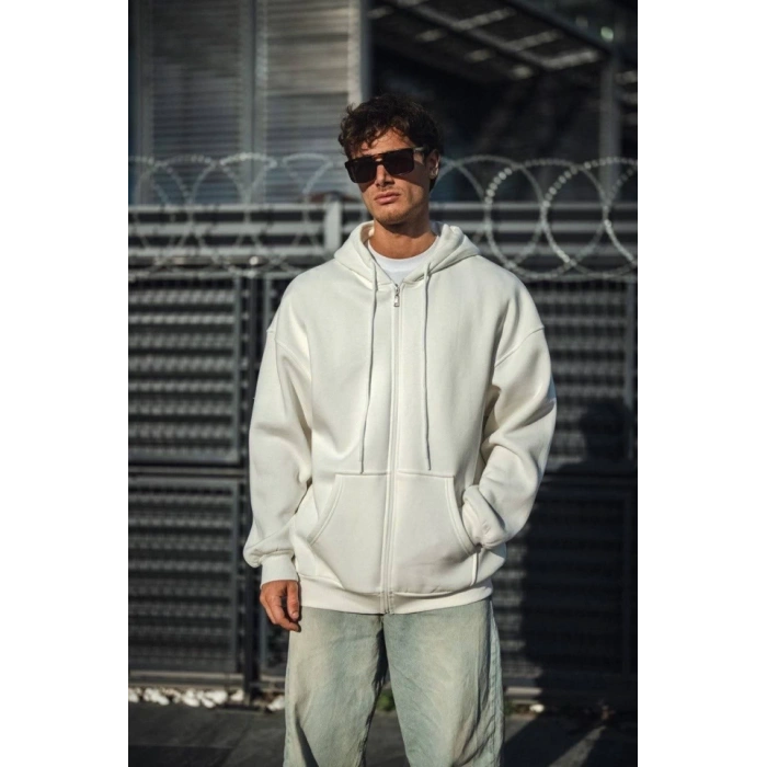 MARSiLYAN- Oversize Tam Fermuarlı Uzun Kol Hırka - Beyaz