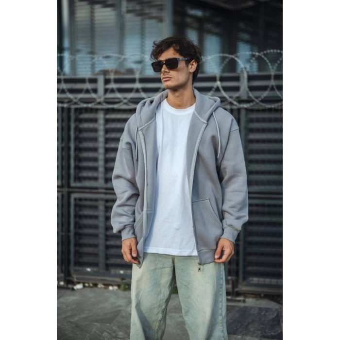 MARSiLYAN- Oversize Tam Fermuarlı Uzun Kol Hırka - Gri
