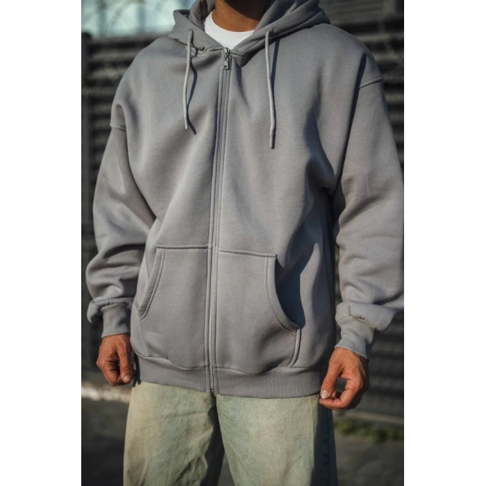 MARSiLYAN- Oversize Tam Fermuarlı Uzun Kol Hırka - Gri