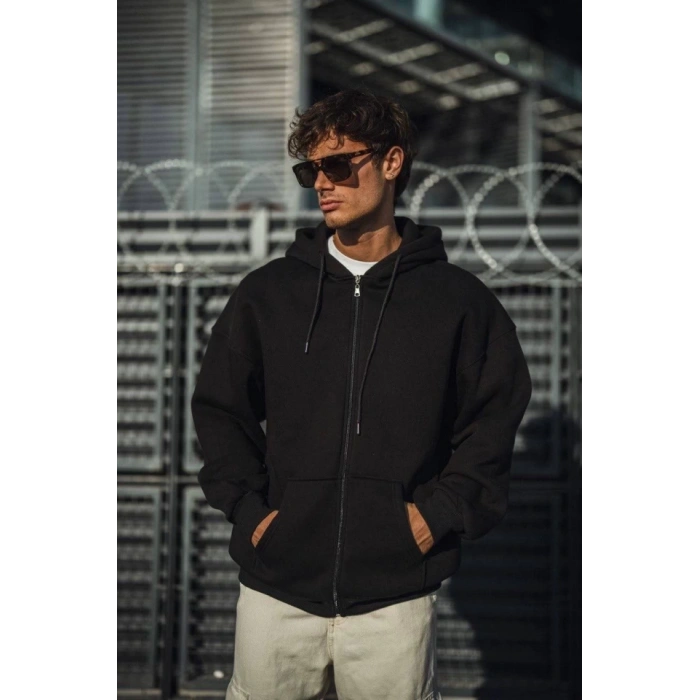 MARSiLYAN- Oversize Tam Fermuarlı Uzun Kol Hırka - Siyah