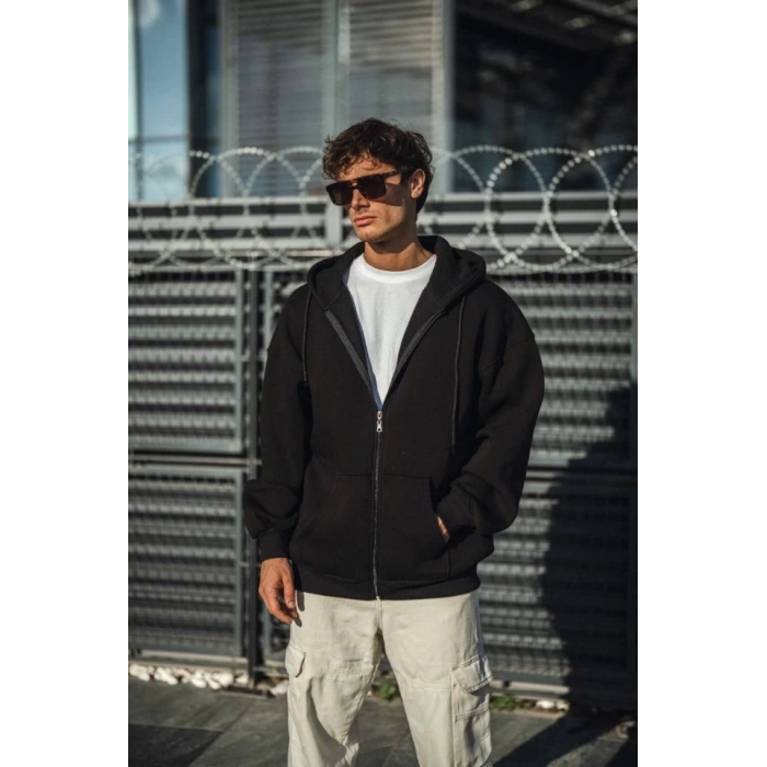 MARSiLYAN- Oversize Tam Fermuarlı Uzun Kol Hırka - Siyah