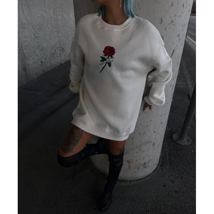 MARSiLYAN- Oversize Üç İplik Bisiklet Yaka Baskılı SweatShirt - Beyaz