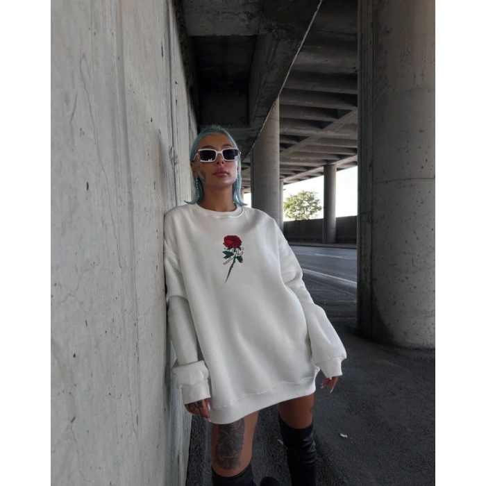 MARSiLYAN- Oversize Üç İplik Bisiklet Yaka Baskılı SweatShirt - Beyaz