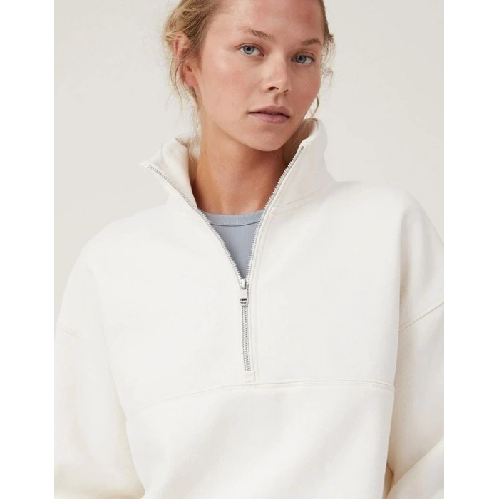 MARSiLYAN- Oversize Yarım Farmuarlı Yakalı Basic SweatShirt - Beyaz