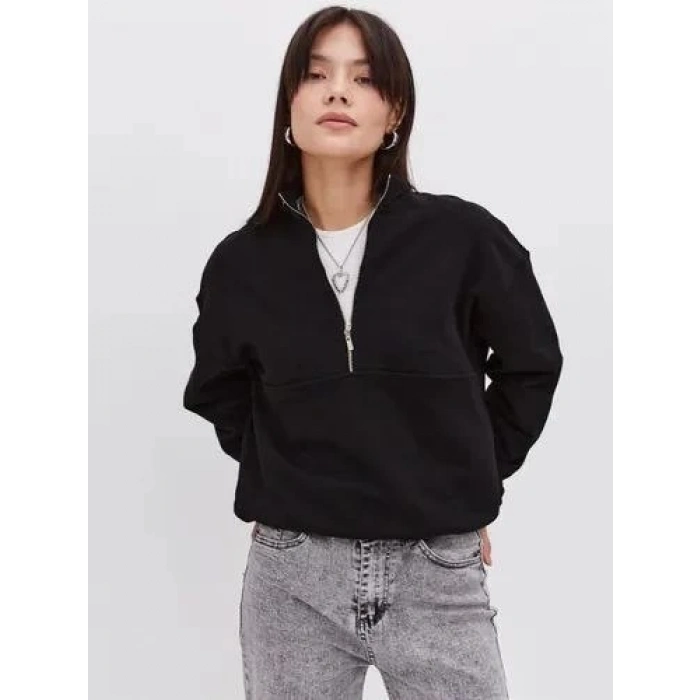MARSiLYAN- Oversize Yarım Farmuarlı Yakalı Basic SweatShirt - Siyah