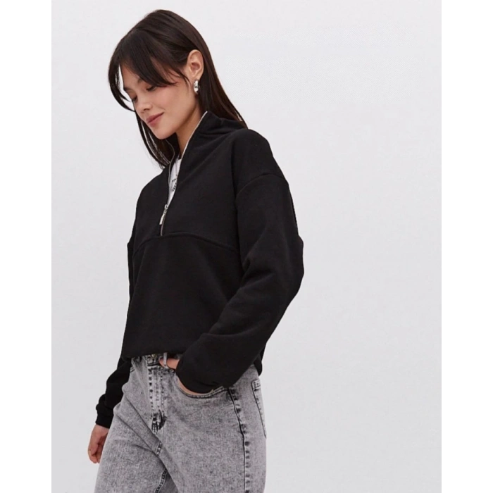 MARSiLYAN- Oversize Yarım Farmuarlı Yakalı Basic SweatShirt - Siyah