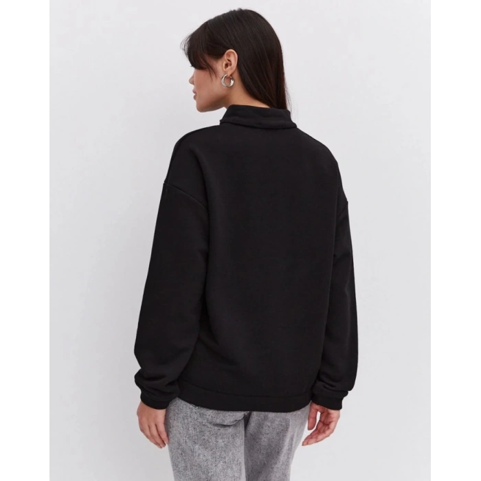 MARSiLYAN- Oversize Yarım Farmuarlı Yakalı Basic SweatShirt - Siyah