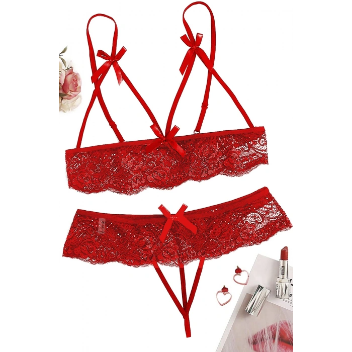 MARSİLYAN-- Özel Bölgesi Açık Kırmızı Fantezi Sütyen Külot Takımı