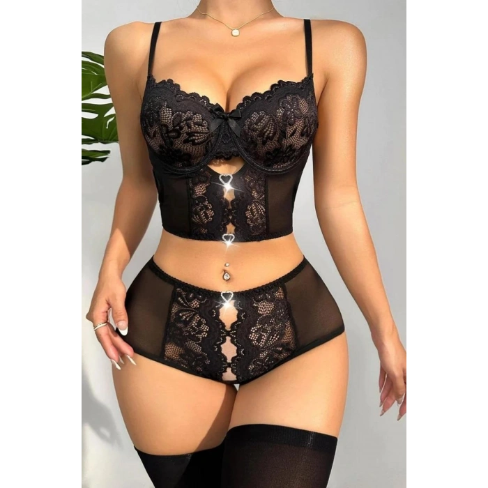 MARSiLYAN- Özel Bölgesi Açık Siyah Dantelli Fantezi Büstiyer Takım
