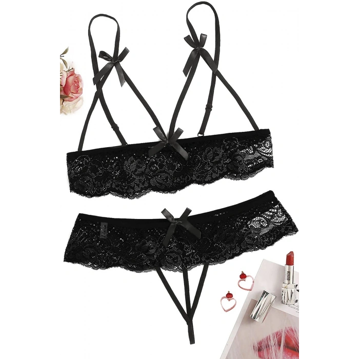 MARSİLYAN-- Özel Bölgesi Açık Siyah Fantazi İç Giyim Sütyen Külot