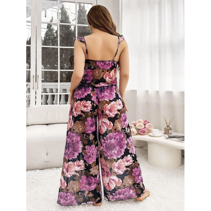MARSiLYAN- Özel Tasarım Büyük Beden Çiçek Desenli Bol Kesim 2li Pijama Takımı