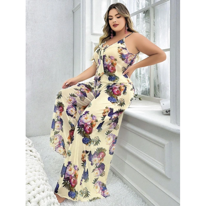 MARSiLYAN-  Özel Tasarım Büyük Beden Çiçek Desenli İnce Askılı 2li Pijama Takımı