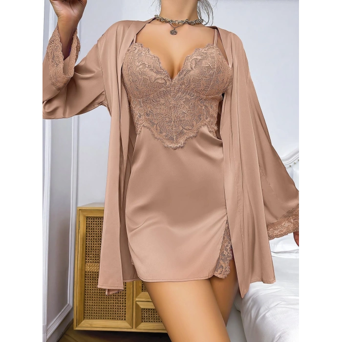 MARSiLYAN-  Özel Tasarım Dantel İşlemeli Şık Göğüs Dekolteli Sabahlıklı 2li Saten Gecelik Takımı