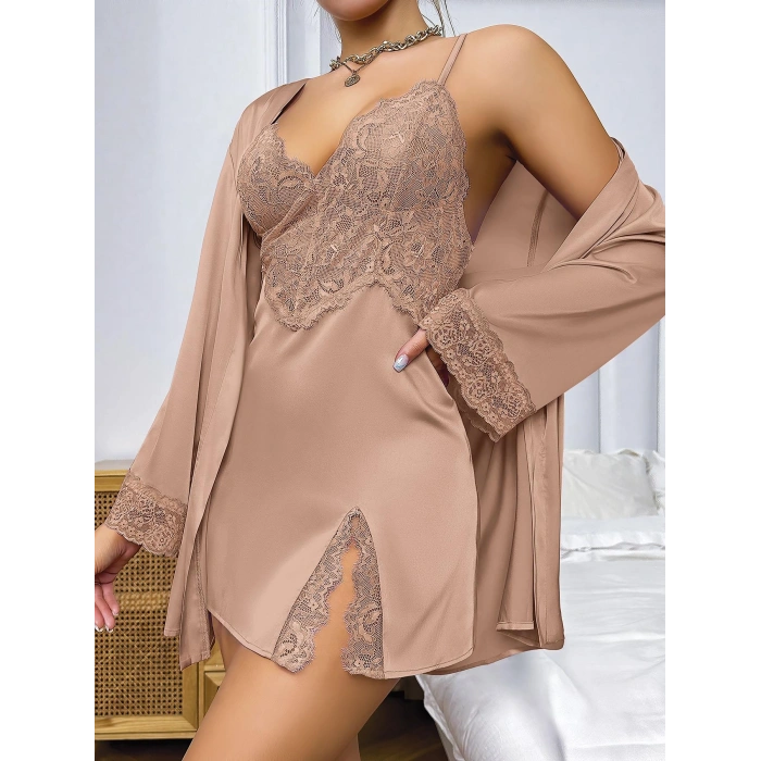 MARSiLYAN-  Özel Tasarım Dantel İşlemeli Şık Göğüs Dekolteli Sabahlıklı 2li Saten Gecelik Takımı