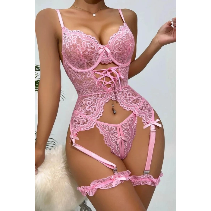 MARSiLYAN-  Özel Tasarım Dantelli Fantezi Pembe Jartiyer Takımı