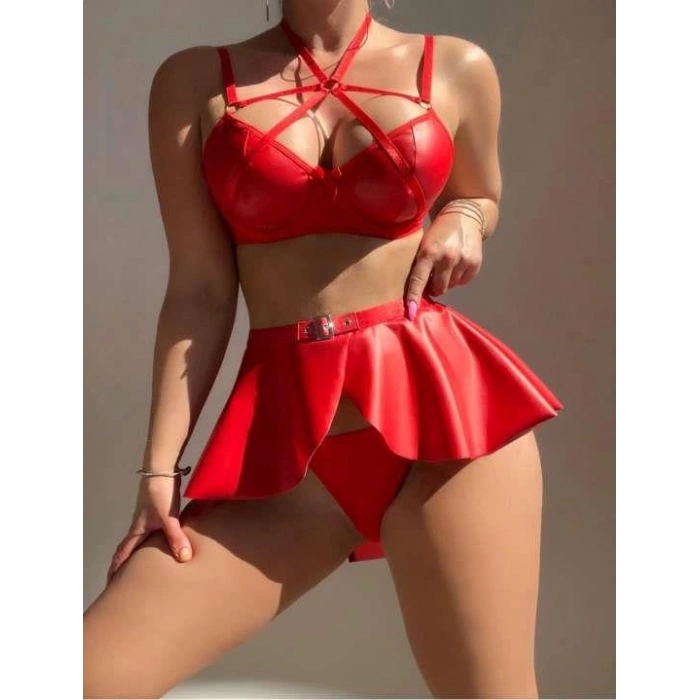 MARSiLYAN- Özel Tasarım Kırmızı Etekli Fantezi Deri Şık Elbise