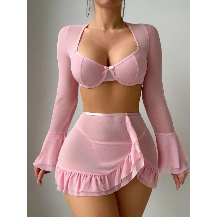 MARSiLYAN-  Özel Tasarım Pembe Bolerolu Transparan Fantezi Sütyen Etekli Takım
