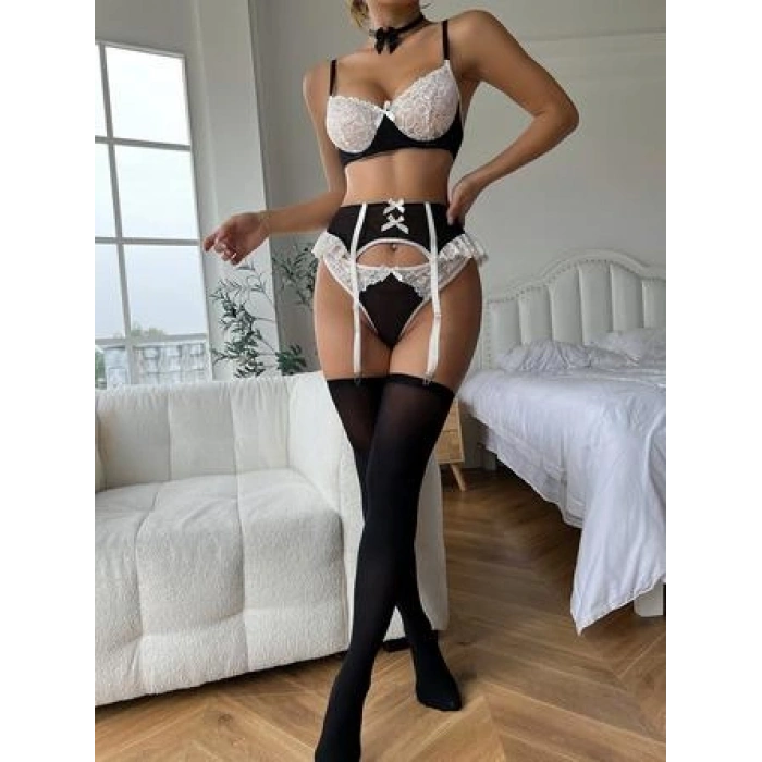 MARSiLYAN- Özel Tasarım Siyah-beyaz Dantelli Fantezi Jartiyer Takımı