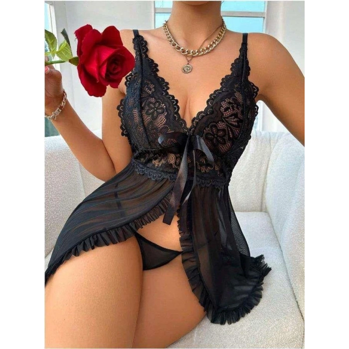 MARSiLYAN- Özel Tasarım Siyah Dantel İşlemeli Yırtmaçlı Kurdelalı Tül Fantezi Şık Gecelik