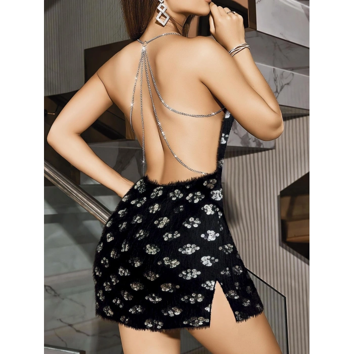 MARSiLYAN- Özel Tasarım Siyah Işıltılı Sırt Zincir Dekolteli Fantezi Mini Club Elbisesi