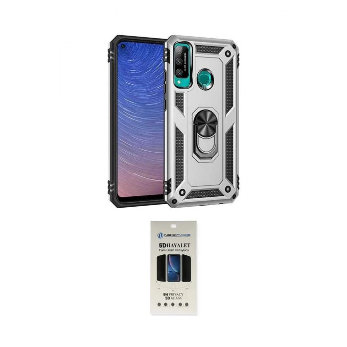MARSİLYAN™- P40 Lite E Kılıf Ahenk Klasik Koleksiyonu - Siyah 5D Hayalet Cam Ekran Koruyucu