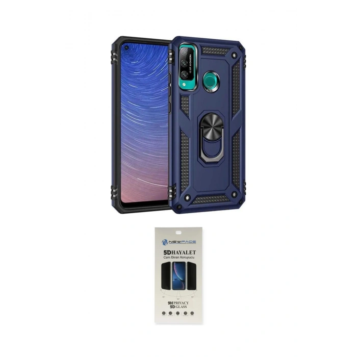 MARSİLYAN™- P40 Lite E Kılıf Ahenk Klasik Koleksiyonu - Siyah 5D Hayalet Cam Ekran Koruyucu