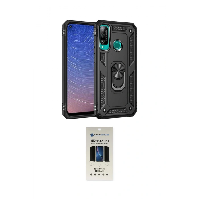 MARSİLYAN™- P40 Lite E Kılıf Ahenk Klasik Koleksiyonu - Siyah 5D Hayalet Cam Ekran Koruyucu