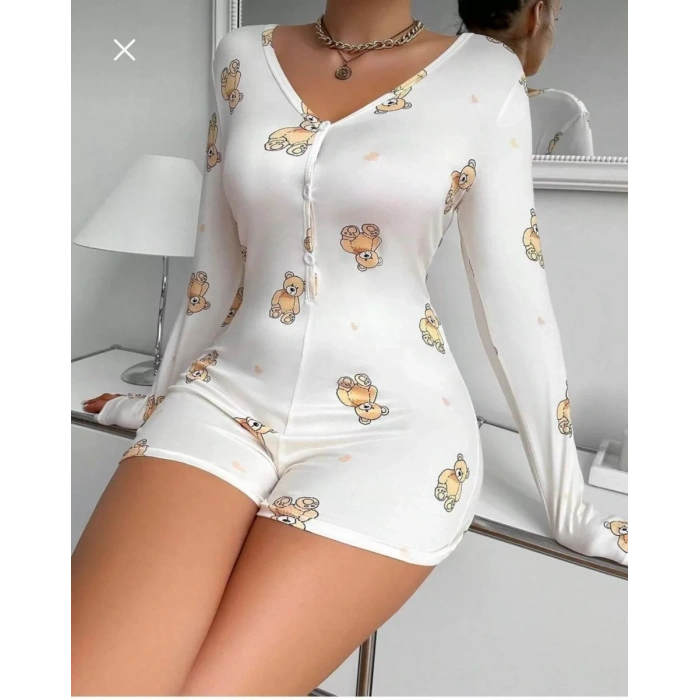 MARSiLYAN- Pamuklu Beyaz Ayıcık Desenli Düğmeli Uzun Kol Tulum Pijama