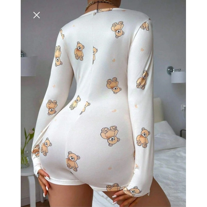 MARSiLYAN-  Pamuklu Beyaz Ayıcık Desenli Düğmeli Uzun Kol Tulum Pijama