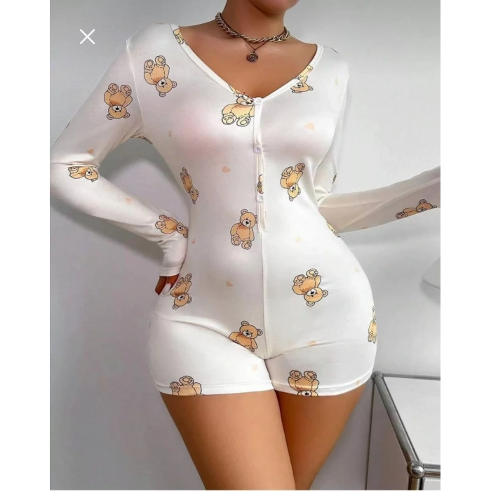 MARSiLYAN- Pamuklu Beyaz Ayıcık Desenli Düğmeli Uzun Kol Tulum Pijama