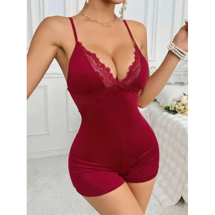 MARSiLYAN-  Pamuklu Bordo Dantel İşlemeli Düğmeli Tulum Pijama