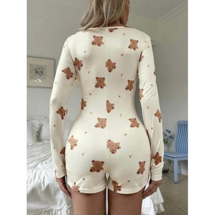 MARSiLYAN-  Pamuklu Ekru Ayıcık Desenli Düğmeli Tulum Pijama