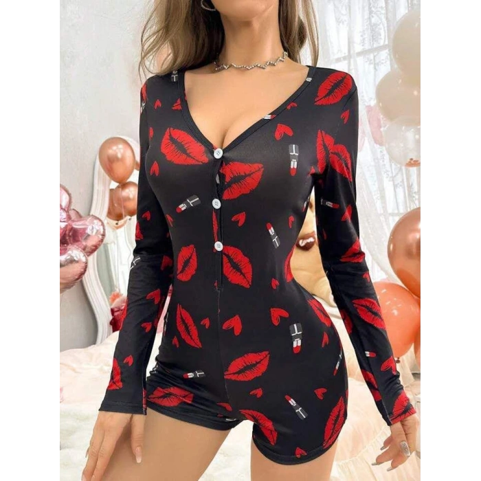 MARSiLYAN-  Pamuklu Kırmızı Ruj ve Öpücük Desenli Düğmeli Uzun Kol Tulum Pijama