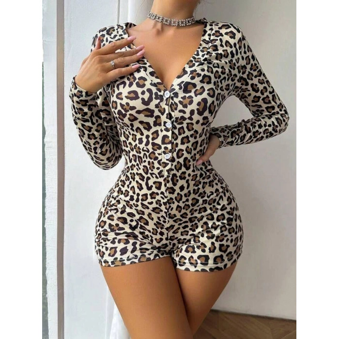 MARSiLYAN-  Pamuklu Leopar Desenli Düğmeli Uzun Kol Tulum Pijama