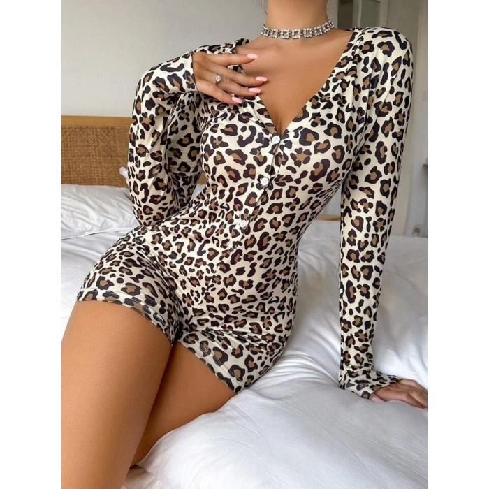 MARSiLYAN-  Pamuklu Leopar Desenli Düğmeli Uzun Kol Tulum Pijama